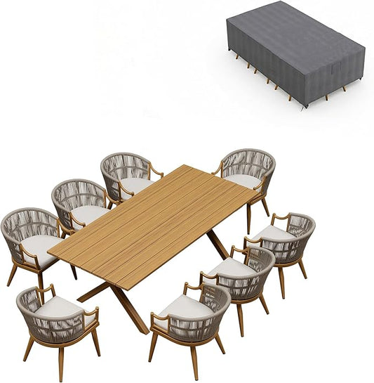 PURPLE LEAF Outdoor Dining Set for 8 with Waterproof Furniture Cover All Weather Patio Dining Set with Rectangular Aluminum Table and Wicker Dining Chairs for Garden Deck Backyard Kitchen, Teak