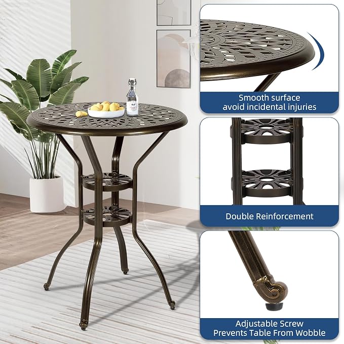 Outdoor Cast Aluminum Bar Table, 31" Patio Bar Height Table with 2" Umbrella Hole, All Weather High Top Bistro Round Dining Table for Outside Deck Porch Balcony Poolside, Dark Bronze