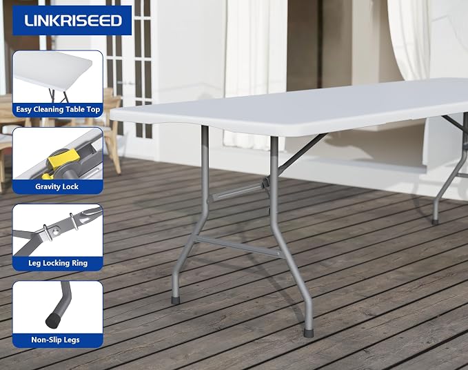 8FT Folding Tables – Heavy Duty Portable Foldable Picnic Table with Built-in Handle, 450 lb Capacity – Ideal for Events, Parties, Crafts, Camping & Dining (4-Pack, White)