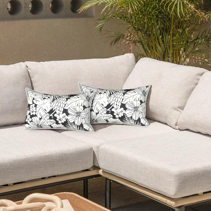 LVTXIII 2 Pack Outdoor Lumbar Pillows 12x20 Inch with White Piping, Fade Resistant Support Throw Pillows with Inserts for Patio Furniture, Sofa, Chair, Noir Floral