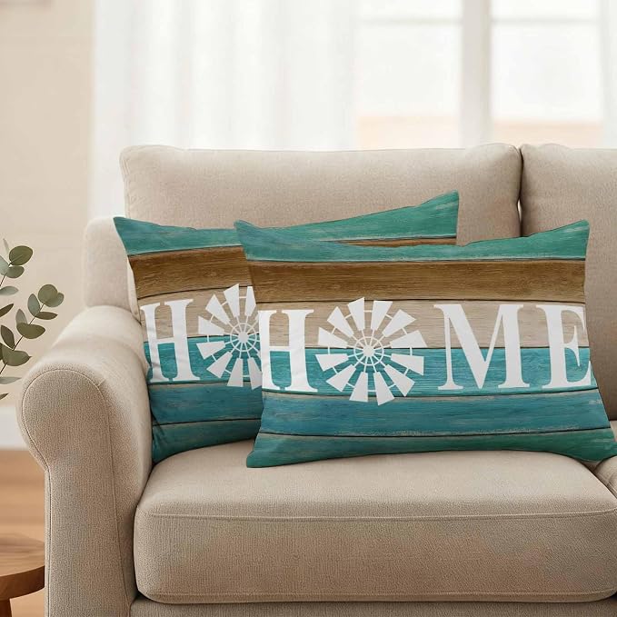 Outdoor Pillow Covers Set of 2, Home Windmill Farmhouse Wooden Decorative Throw Pillow Covers 20X12IN, Farm Teal Wood Board Throw Pillows Protector Cushion Case for Patio,Couch,Sofa,Garden