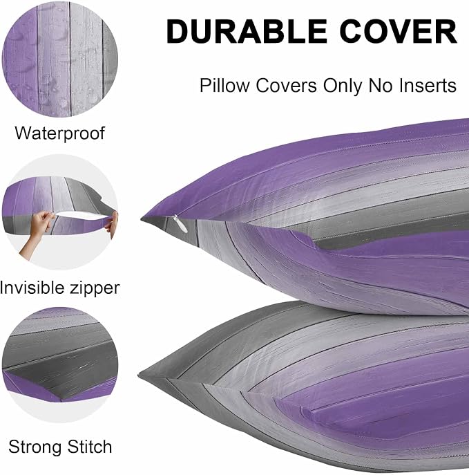 Throw Pillow Covers 16x16 Inch Set of 2, Purple Gray Ombre Waterproof Outdoor Cushion Covers, Vintage Country Wooden Decorative Pillowcases for Couch, Sofa, Bed, Garden, Patio