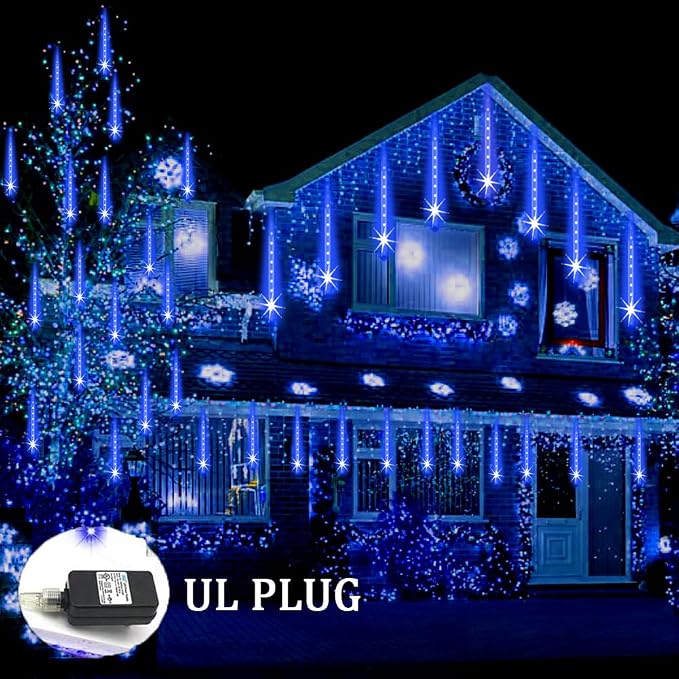 Weepong Christmas Lights Outdoor 32 Tubes 768LEDs Meteor Shower Lights Blue | UL Certified Snow Falling Rain Drop Icicle String Light for Xmas Tree Halloween Decorations Wedding Party Garden Decor