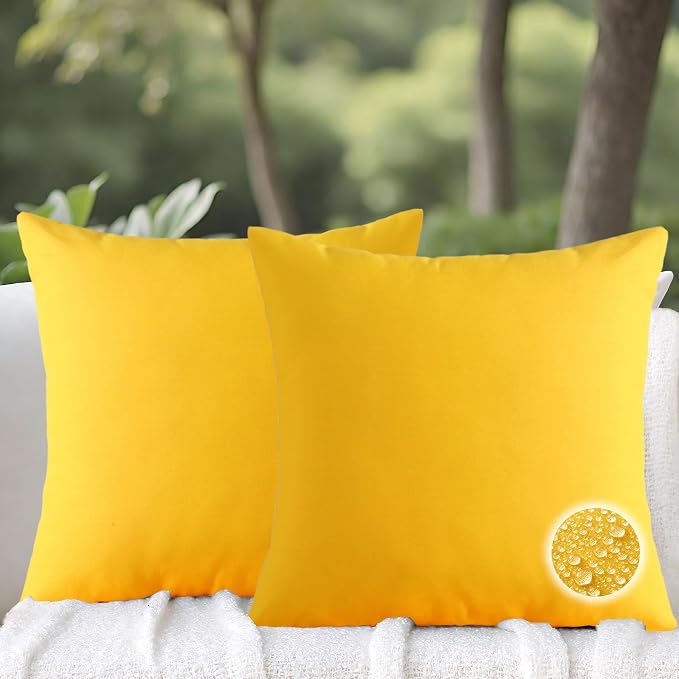 Outdoor Throw Pillows with Inserts, Waterproof Pillows for Outdoor Seating, Square Decorative Garden Cushion for Patio Furniture, Bed, Couch, Sofa(Yellow, 16" x 16" (Pack of 2))