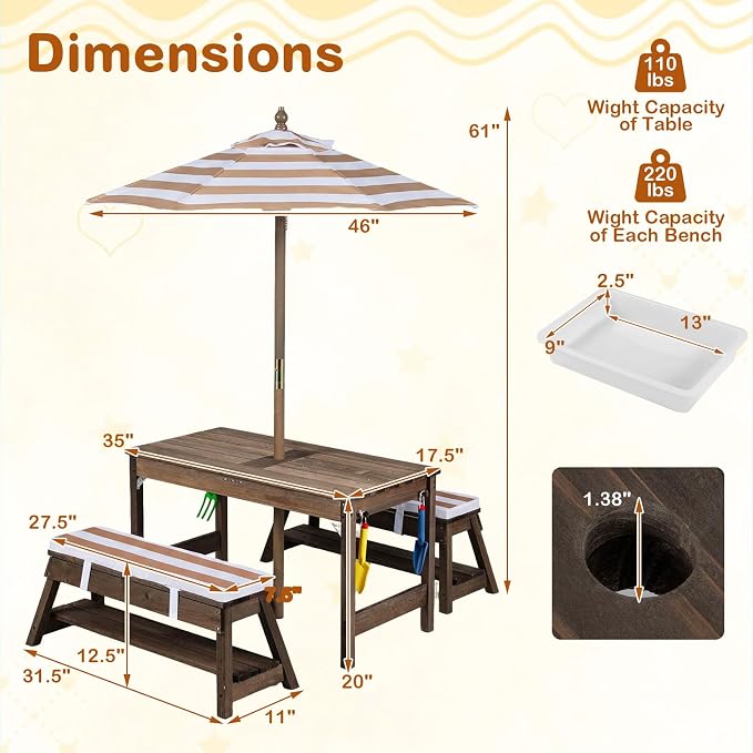 HONEY JOY Kids Picnic Table, 4 in 1 Fir Wood Toddler Sand & Water Table w/Removable Box & Umbrella, Waterproof Cover, Garden Tools, Children Outdoor Table and Bench Set with Cushions (Coffee)