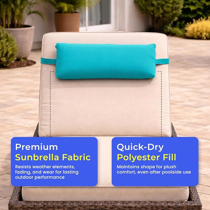 Sunbrella Headrest/Lumbar Pillow with Velcro Strap, Aruba (Turquoise) | Outdoor Pillow for Chaise Loungers, Pool Chairs & Patio Furniture, 18" x 8" x 3"