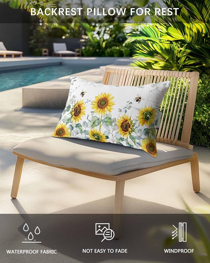 Outdoor Pillows Covers with Inserts Eucalyptus Leaves Sunflowers Bee Flower Waterproof Recliner Pillow with Adjustable Strap Throw Pillows for Patio Furniture Pool Lounge Chair, 11x16 inch, 2PCS