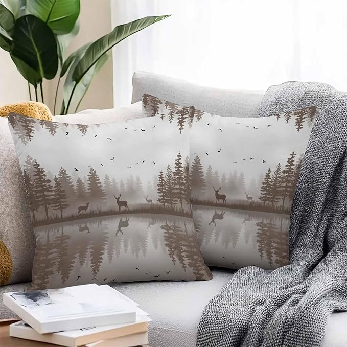 Yukro Brown Nature Landscape Outdoor Waterproof Pillow Covers Pack of 2, Deer Misty Lake Foggy Forest Birds Throw Pillowcases Decorative Cushion Covers for Garden Patio Tent Sofa Couch, 26x26 inch