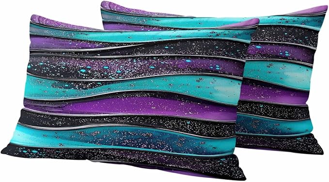 JasmineM Outdoor Pillow Cover 12x20 Inches Set of 2 Abstract Purple Teal Wave Waterproof Throw Pillow Covers Modern Black Strips Decorative Pillowcases Garden Cushion Case for Patio Couch Sofa