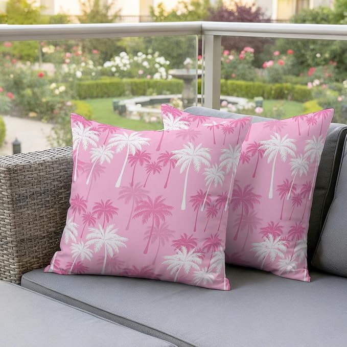 Throw Pillow Covers 24x24 Inch Set of 2, Tropical Palm Tree Waterproof Outdoor Pillow Covers, Magenta Pink Plants Coastal Leaf Beach Decorative Cushion Pillowcases for Couch, Sofa, Bed, Garden, Patio