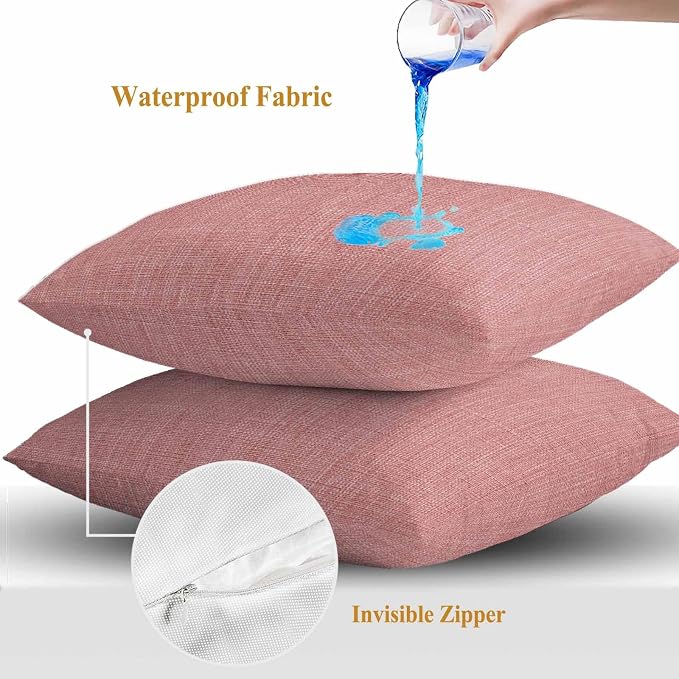 Outdoor Waterproof Throw Pillow Covers Set of 2 Peach Pink Linen Pillowcases 20x20 Inches Farmhouse Pure Color Decorative Pillows Cushion Case Patio Pillows for Couch Bed Chair Garden