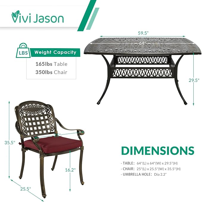 VIVIJASON 9-Piece Outdoor Dining Set, Cast Aluminum Retro Patio Furniture Table and Chairs Set for 8, Include Large 64" Square Dining Table and 8 Chairs with Umbrella Hole for Balcony Garden, Red