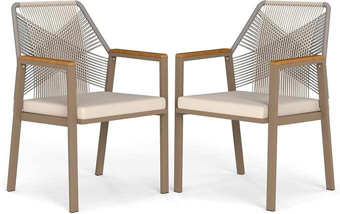 Aluminum Outdoor Patio Dining Chairs - Imitation Rope Vine Chair Ergonomic Backrest Design Detachable Seat Cushion Soft and Breathable Garden Porch, Light Brown 2Pcs