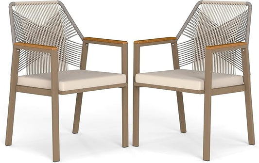 Aluminum Outdoor Patio Dining Chairs - Imitation Rope Vine Chair Ergonomic Backrest Design Detachable Seat Cushion Soft and Breathable Garden Porch, Light Brown 2Pcs