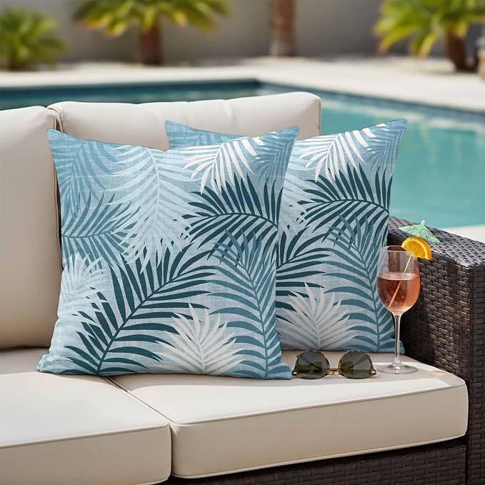 Outdoor Waterproof Throw Pillow Covers, Blue Teal Palm Leaves Decorative Pillow Cases, Summer Botanical Tropical Leaf Couch Pillow Protector Patio Sofa Cushion Covers Replacement 24"x24" 2 Pack