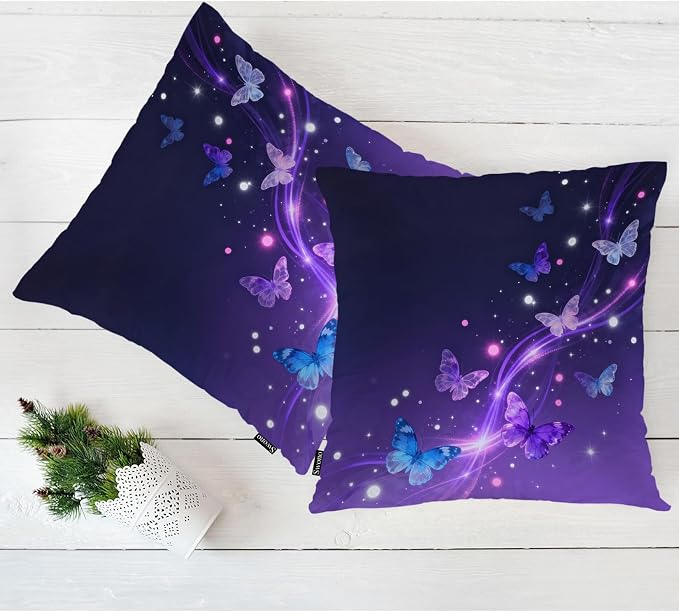 Swono Butterfly Throw Pillow Case, Glowing Butterflies Stars Square Home Decorative Cushion Cover for 18 X 18 Inches Pillow Covers, Purple 2 Pack Pillowcases for Bedroom Office Dorm Couch