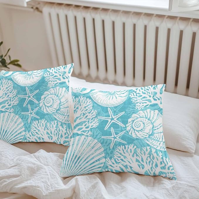 Outdoor Pillow Covers 20x20 Inch Set of 2, Teal Starfish Coastal Waterproof Throw Pillow Covers, Summer Coral Shell Beach Nautical Decorative Cushion Pillowcases for Couch, Sofa, Bed, Garden, Patio