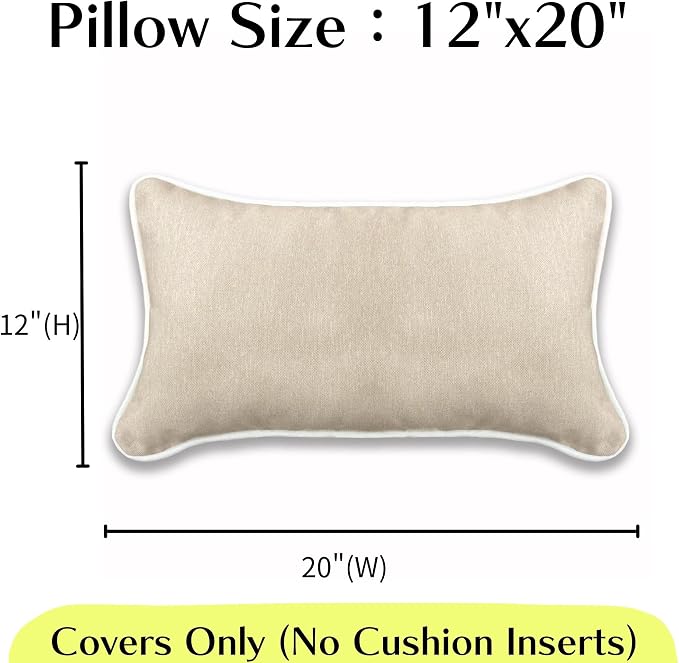 HER HWA Outdoor Lumbar Pillow Covers White Piping 20"x12" Set of 2, Khaki | durable fade-resistant water-resistant 100% polyester white piping smooth zipper machine washable for indoor outdoor décor