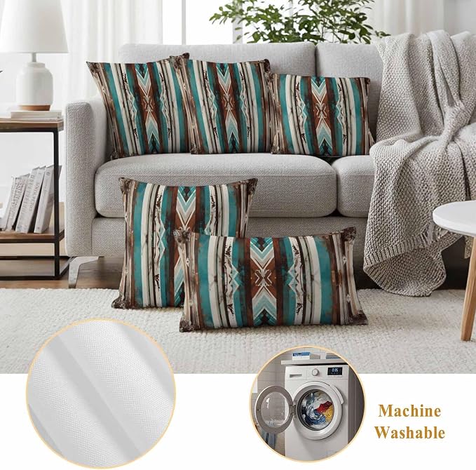 Ethnic Tribal Stripes Outdoor Pillow Covers 20"x12" Set of 2, Retro Vintage Geometric Teal Brown Stripes Waterproof Throw Pillow Covers for Patio Furniture, Decorative Cushion Covers for Porch