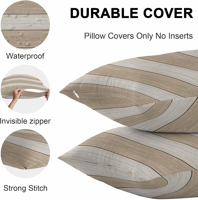 Vandarllin Outdoor Throw Pillow Covers 12X20 Set of 2 Waterproof Ivory White Beige Decorative Zippered Cushion Covers for Patio Furniture, Farmhouse Retro Rustic Barn Wood Texture Lumbar Pillowcases
