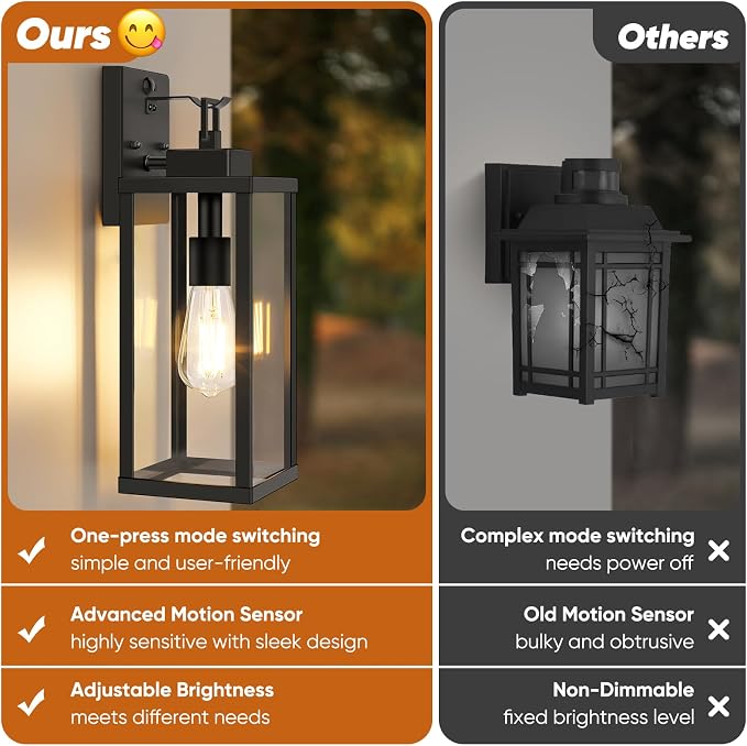 2-Pack 16” Upgraded Motion Sensor Outdoor Wall Lights, Black | Auto ON/OFF, 3 Lighting Modes, Waterproof, Rust-Resistant, Durable Metal & Clear Glass, Standard E26 Sockets, Easy to Install