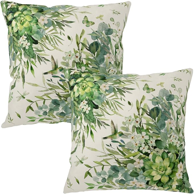 Eucalyptus Throw Pillow Covers 20x20 Watercolor Leaf Pillow Cases Greenery Sage Leaf White Floral Pillow Covers Spring Hummingbird Green Cushion Case for Bedroom Living Room 2Pcs