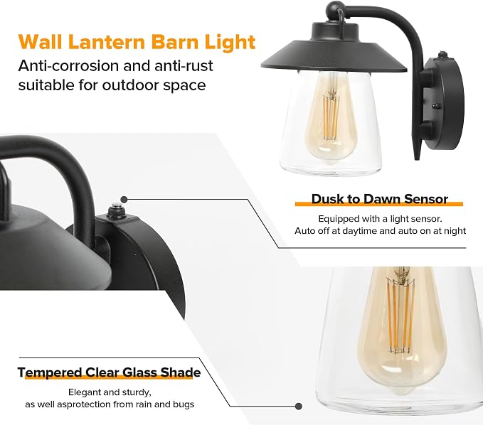 LUTEC 2 Pack Dusk to Dawn Outdoor Indoor Exterior Light Fixture, Farmhouse Barn Wall Sconce, Matte Black Finish Anti-Rust Wall Mount Light, Waterproof Wall lamp with Clear Glass for Porch, Patio