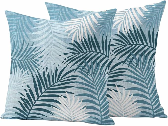 Outdoor Waterproof Throw Pillow Covers, Blue Teal Palm Leaves Decorative Pillow Cases, Summer Botanical Tropical Leaf Couch Pillow Protector Patio Sofa Cushion Covers Replacement 26"x26" 2 Pack