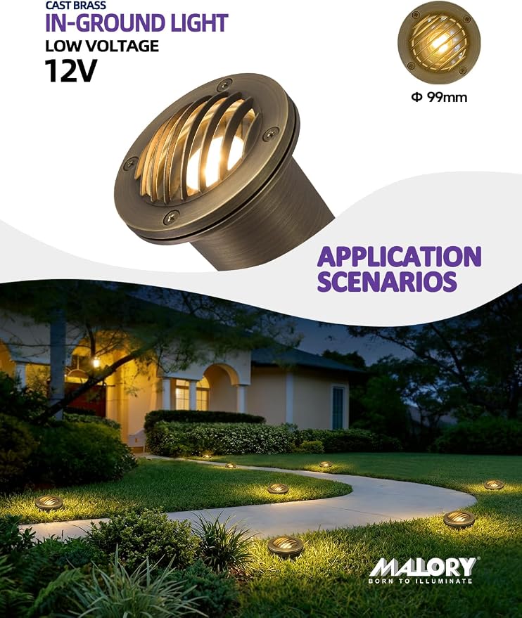 MALORY Brass Landscape Well Lights,（φ99 mm 12V Low Voltage In Ground Lights,Anti-Glare Landscape Lighting with MR16 for Pathway, Driveway (Full Brass -01B, 1-Pack with Bulb)