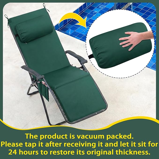 RattanView 2 Pcs Outdoor Chaise Lounge Cushion with Pillow and Side Pockets Waterproof Lounge Chair Cushions for Outdoor Furniture Patio Lounger Pad for Outside Pool Lawn (Dark Green,72 x 21 x 4)