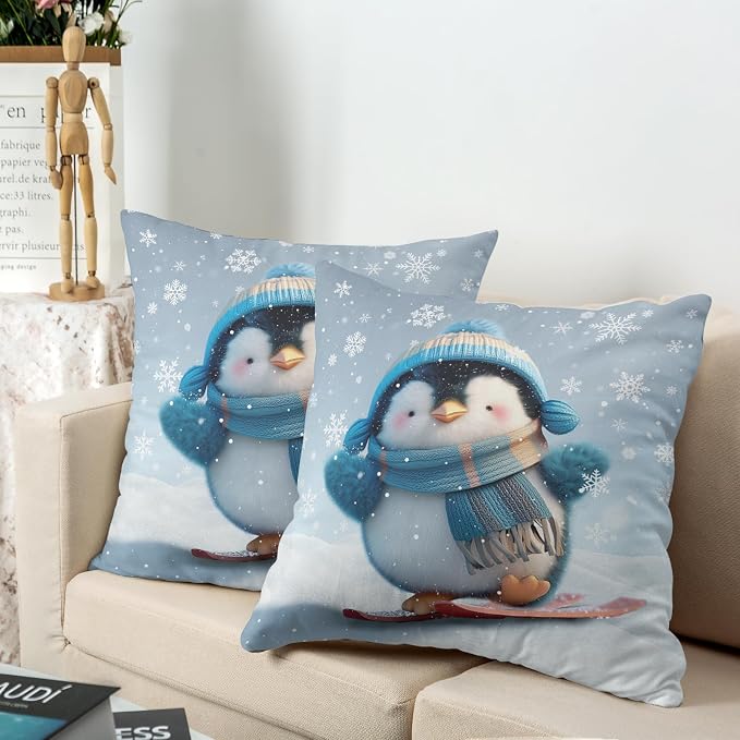 Winter Pillow Covers 22x22 Set of 2 Adorable Skiing Penguins Throw Pillow Covers Snowflakes Pillow Case Double Sided Printing Cushion Case for Home Decor Couch Sofa
