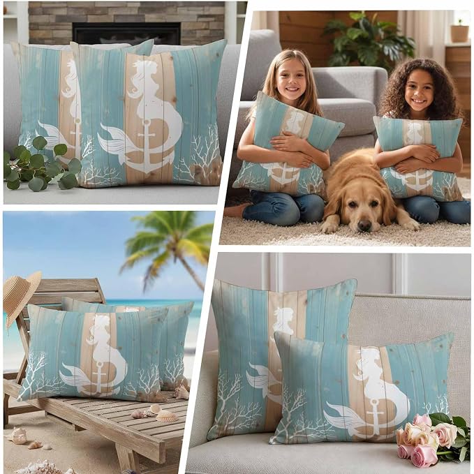 Summer Nautical Outdoor Waterproof Pillow Covers Set of 2, White Mermaid Coral Anchor Silhouette Wood Grain Pillowcase Decorative Throw Cushion Cases for Patio Garden Couch 18 x 18 Inches