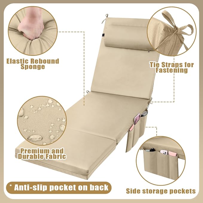 RattanView 2 Pcs Outdoor Chaise Lounge Cushion with Pillow and Side Pockets Waterproof Lounge Chair Cushions for Outdoor Furniture Patio Lounger Pad for Outside Pool Lawn (Beige,72 x 21 x 4)
