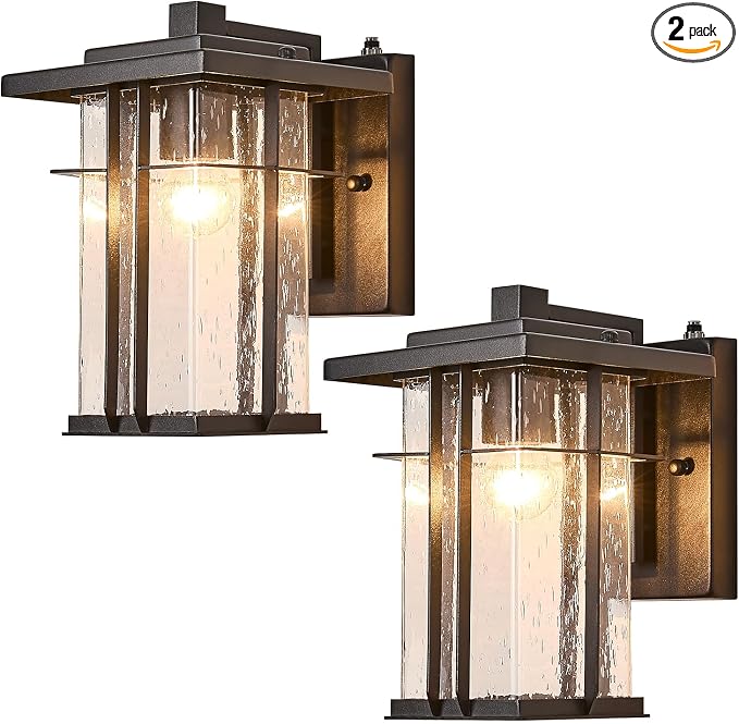 Dusk to Dawn Outdoor Wall Light 2 Pack Outside Wall Lamp Oil Rubbed Bronze Exterior Light Fixtures Wall Mount 10"H Garage Light Outdoor IP65 Porch Light with Seeded Glass Exterior Wall Sconces