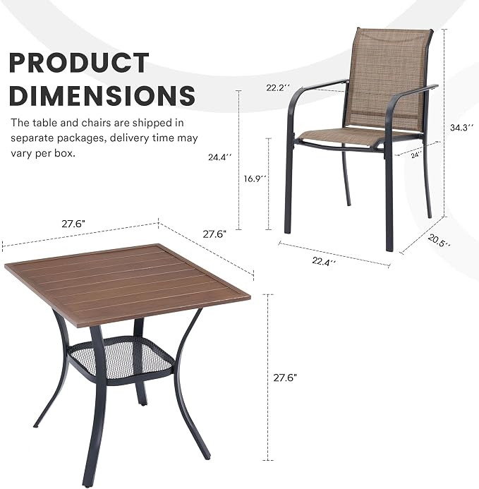 3 Pieces Patio Dining Set, 28" Square Dining Table with Storage Shelf, 2 Stackable Textilene Fabric Chairs, Metal Structure for Patio, Porch, Garden(Walnut Table, Brown Chair)
