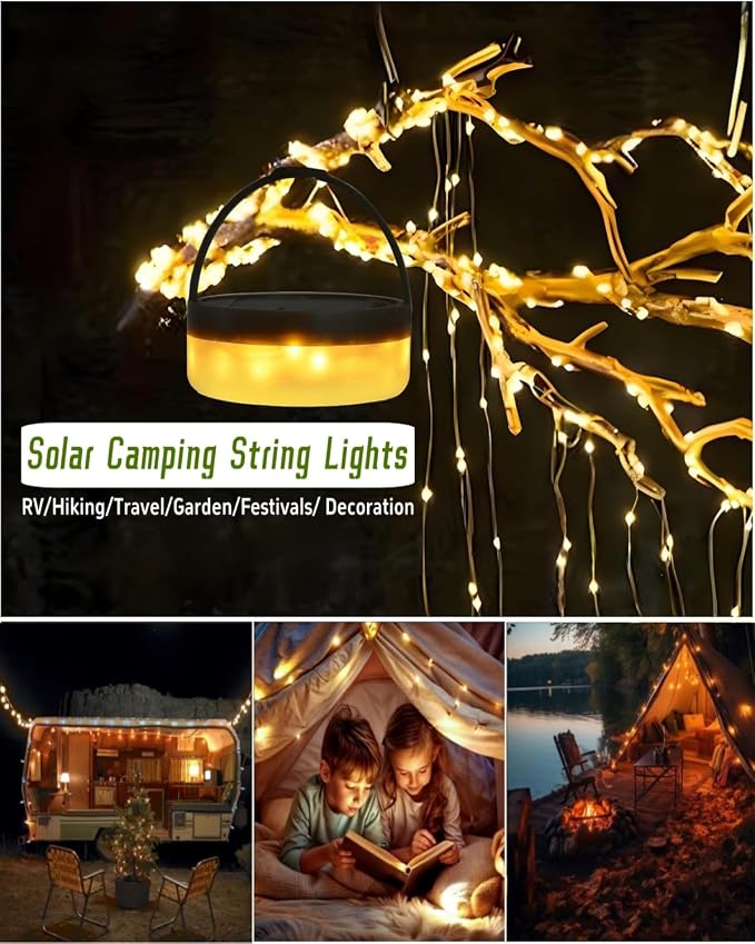 Solar Camping String Lights, 32.8 FT Fairy String Light, 4 in 1 Portable Waterproof Camp LED Lamp with 8 Lighting Modes, Hanging Rechargeable Tent Lantern for Outdoor Garden Patio Party Essentials