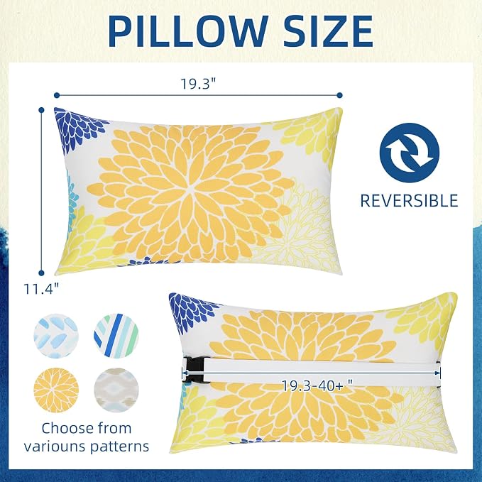 Chaise Head Rest Pillows Set of 2, Waterproof Outdoor Lounge Pillow Lumbar Pillows with Insert Adjustable Elastic Strap Decorative Pillows for Patio Beach Chair,Yellow Blue Flower