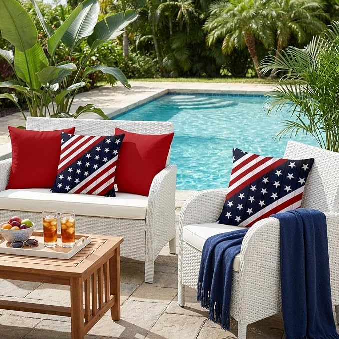RSH DECOR Square Throw Pillows Set of 4, 17" x 17", Outdoor Pillows Waterproof, Outdoor Pillow Covers, Pillow Covers for Couch, Rustic Americana & Solid Red Made in USA