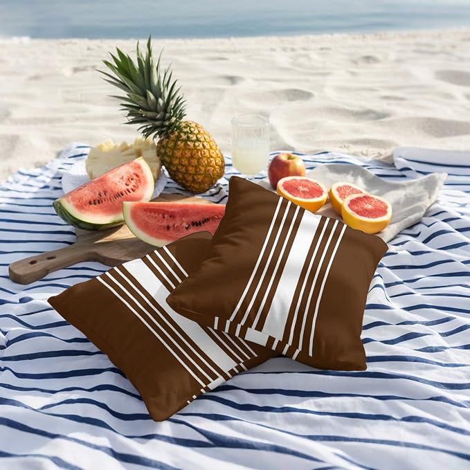 Brown White Stripe Outdoor Pillow Covers 16x16 Inch Throw Pillow Covers Set of 2 Waterproof Decorative Pillow Cases Modern Rustic Vertical Striped Cushion Covers for Patio Furniture Garden Couch Sofa