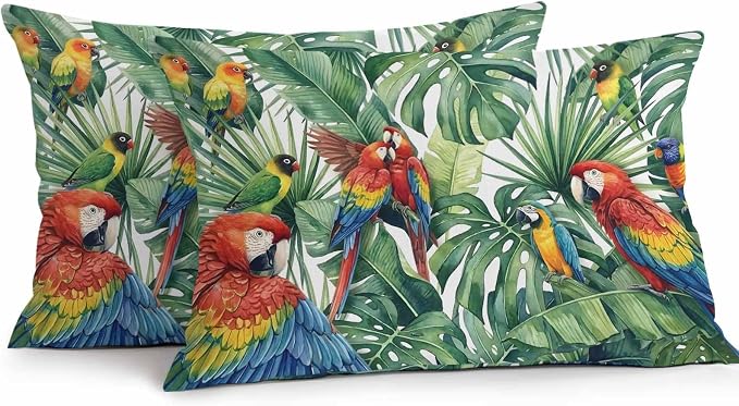 Pack of 2 Waterproof Outdoor Pillow Covers 20x12 Inch Decorative Pillow Covers Tropical Plants Throw Pillowcases Summer Rustic Monstera Palm Leaves Birds Green Outdoor Cushion Cover for Couch, Patio