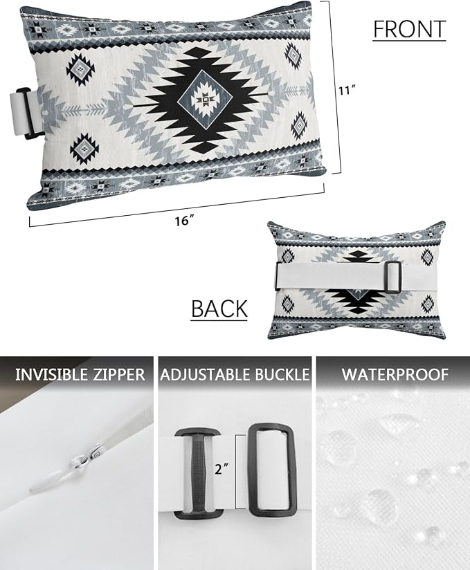 Outdoor Pillows Waterproof Covers Set of 2, Haze Blue Bohemian Adjustable Elastic Chaise Lounge Headrest Pillow Covers, Aztec Boho Tribal Decorative Lumbar Pillow for Pool Patio Furniture 11x16 Inch