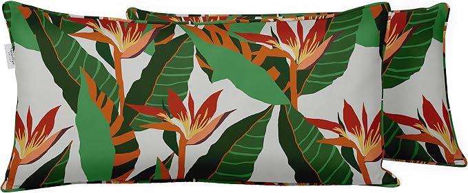 Indoor/Outdoor Polyester Fabric Lumbar Pillow Cover, All-Weather Waterproof Rectangular Cushion Case for Patio Furniture, 12 x 18 Set of 2 - Tropical-72