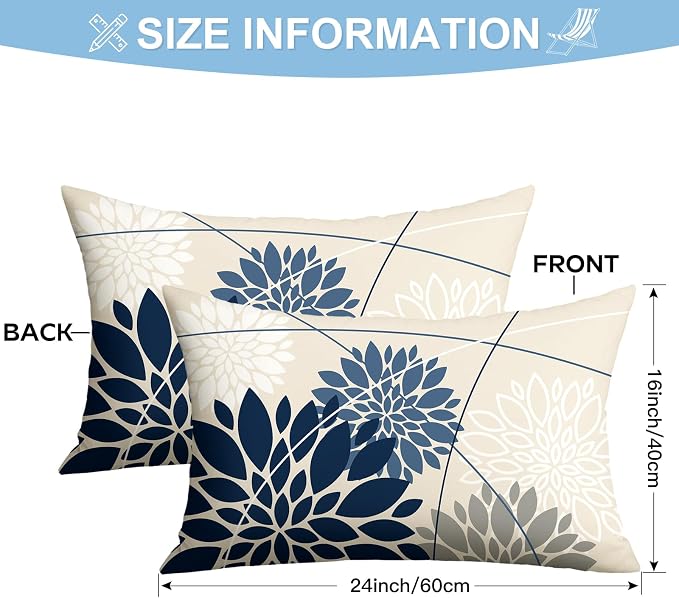 OTOSTAR Outdoor Dark Blue Light Blue Pillow Covers 16x24 Inch Set of 2 White Flower Throw Pillows Farmhouse Geometric Dahlia Floral Lumbar Cushion Case Waterproof Decor for Sofa Patio Funiture Garden
