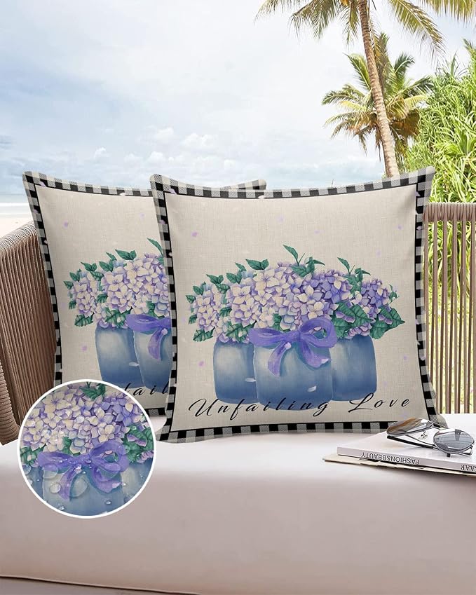 Hydrangea Outdoor Pillow Shams Set of 2, Decorative Pillowcases Cushion Case, Soft Throw Pillow Covers Waterproof Pillow Case 20x20 Inch, Purple Flowers in Jar Black Plaid Unfailing Love