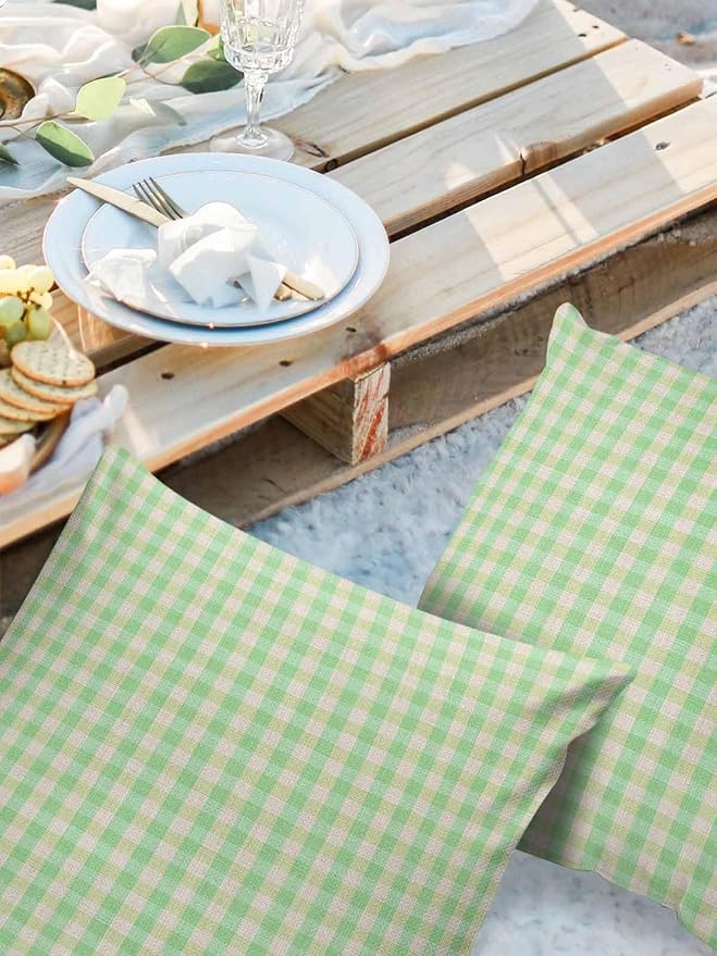 Outdoor Waterproof Throw Pillow Covers Set of 2 Green Buffalo Plaid Pillowcases 20x20 Inches Linen Classic Checked Patio Decorative Pillows Cushion Case Patio Pillows for Couch Bed Chair Garden