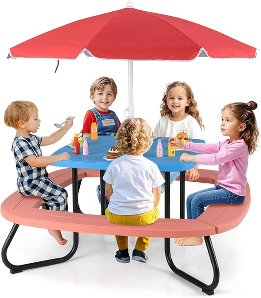 HONEY JOY Kids Picnic Table, 8 Person Toddler Outdoor Table and Chair Set, 4 Built-in Benches, Removable Umbrella, Metal Frame & HDPE Top, Children Outdoor Furniture for Backyard Patio Garden (Red)