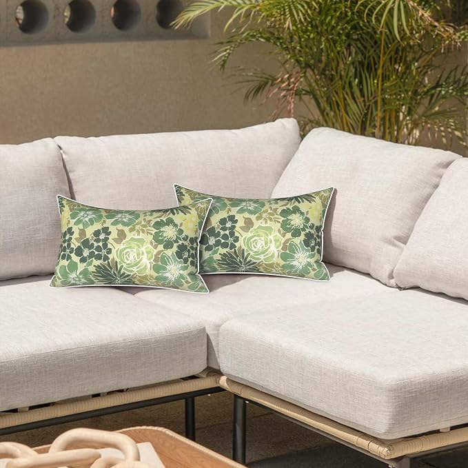 LVTXIII 2 Pack Outdoor Lumbar Pillows 12x20 Inch with White Piping, Fade Resistant Support Throw Pillows with Inserts for Patio Furniture, Sofa, Chair, Green Rose