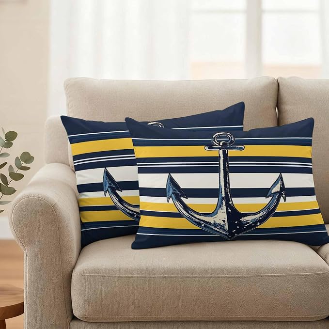 Vintage Anchor Outdoor Waterproof Pillow Covers Set of 2, Yellow Blue Striped Pillowcase Decorative Throw Cushion Cases for Patio Garden Couch 20 x 12 Inches