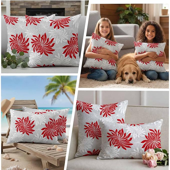 Red Grey Floral Outdoor Pillow Covers Set of 2 Vintage Red White Grey Flower Waterproof Throw Pillow Cover Decorative Cushion Cases for Patio Porch Garden 20X12 Inch