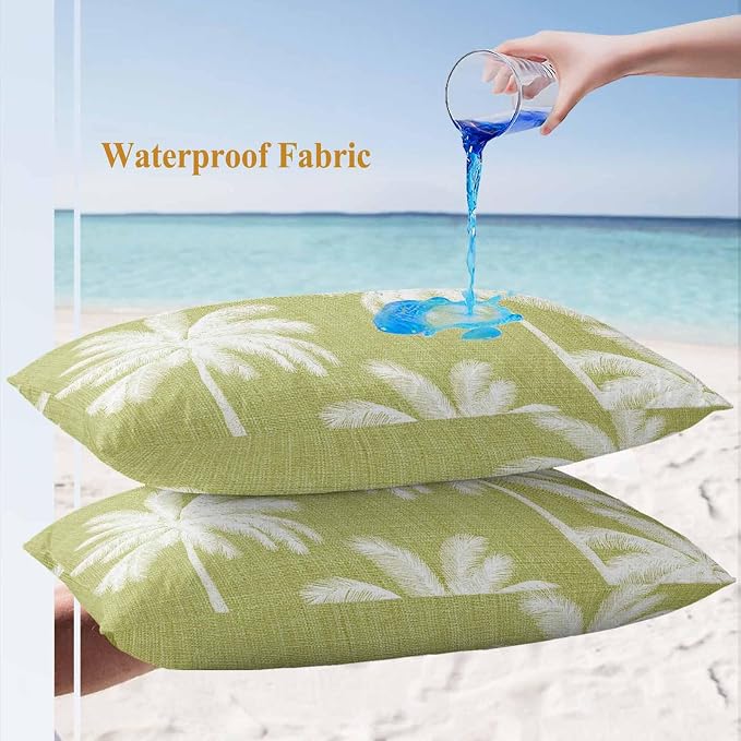 Lumbar Pillow Covers 20x12 Inch Set of 2, Yellow Palm Trees Waterproof Outdoor Pillow Covers, Farmhouse Tropical Summer Beach Decorative Cushion Pillowcases for Couch, Sofa, Bed, Garden, Patio
